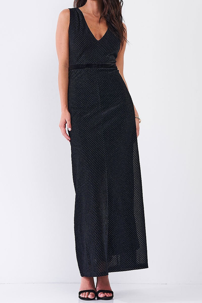 Sleeveless v neck striped velvet waistband detail fitted maxi dress (TDG7758-2)