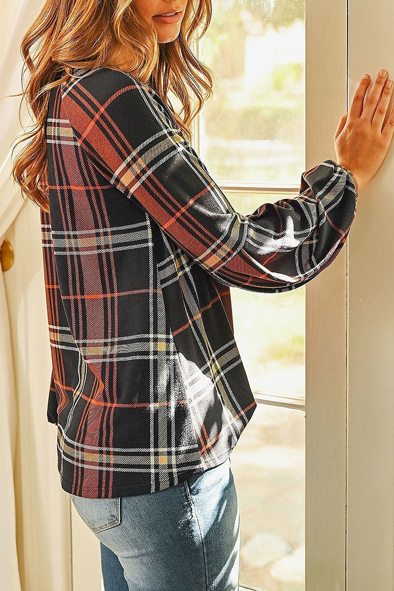 Plaid puff long sleeve round neck top (EF2665)