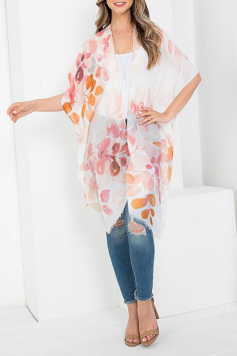 Pastel leaf print open front kimono (EF3617)