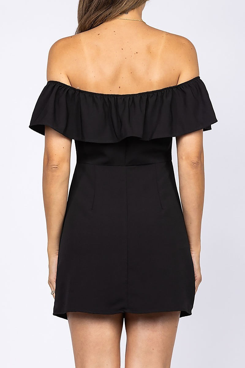 Off shoulder ruffle detail button front mini dress (EDSW1133)