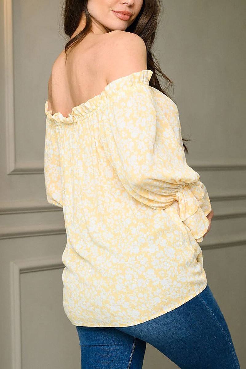 Long puff sleeve off shoulder floral tunic top (EDWT9072)