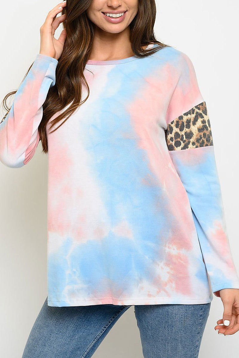 Long sleeve tie dye animal print color block top (EDWT3053)