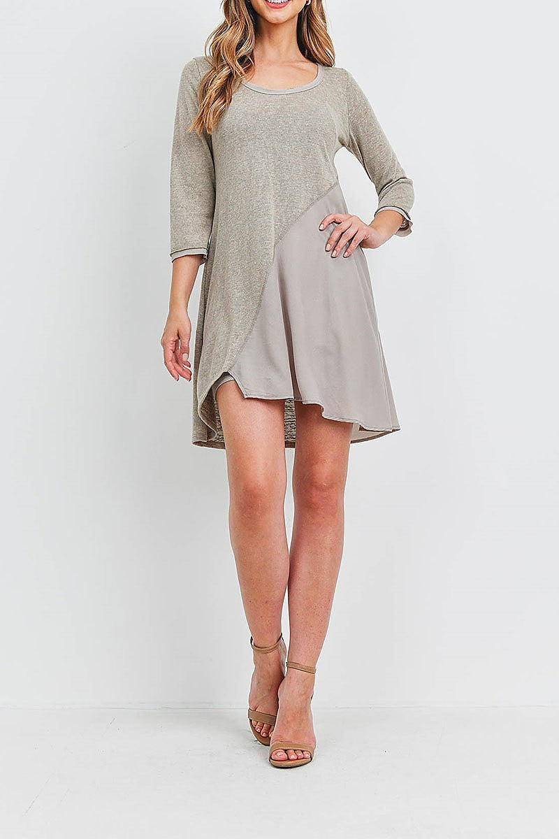 Mix fabric asymmetrical hem tunic dress (DED6419-1)