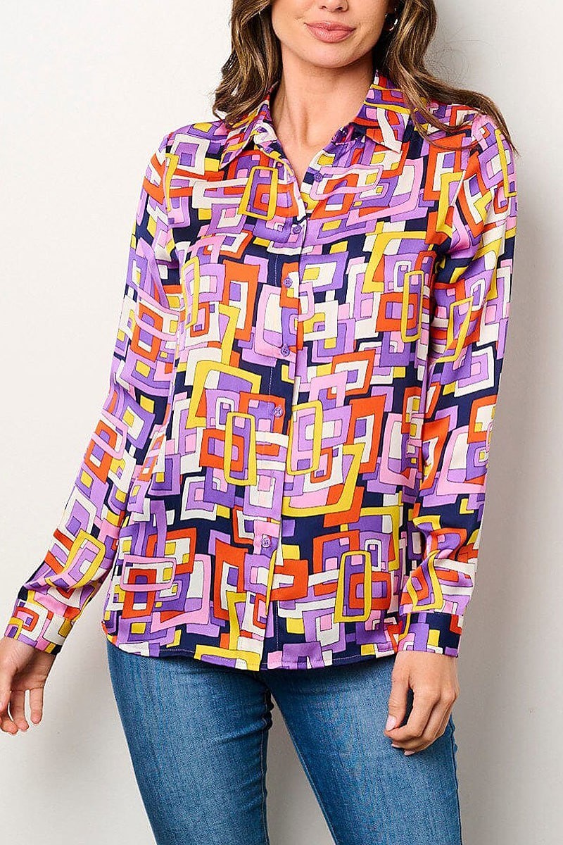 Long sleeve button up multi print blouse top (EFWT9090)