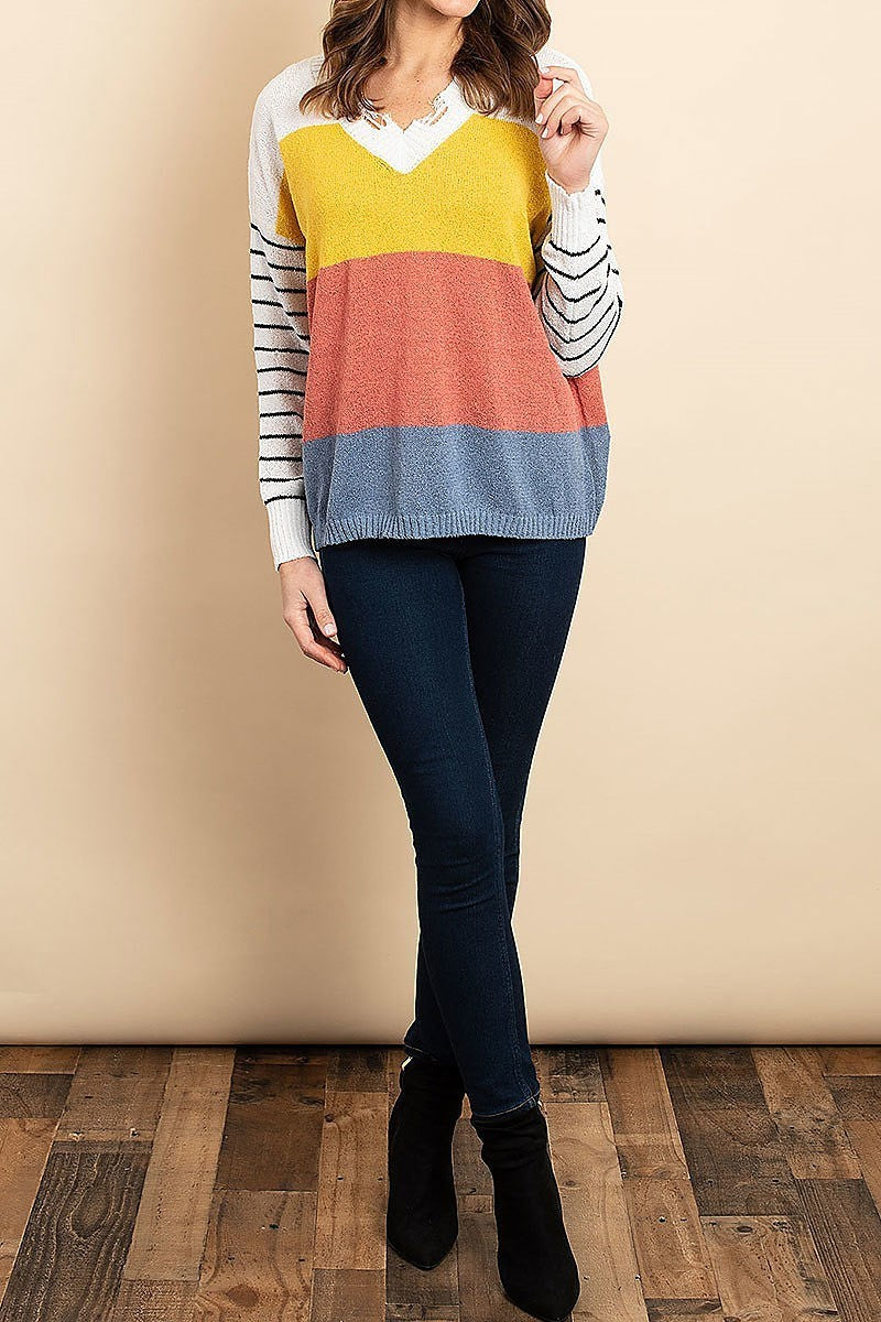 Distressed neck stripe color block sweater (DGS4973)