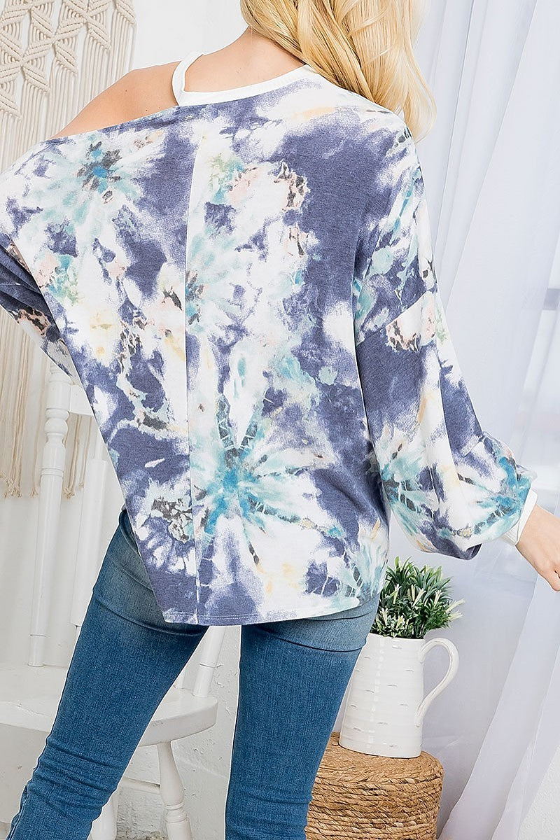 Off shoulder tie dye bubblle sleeve top (EF4170)