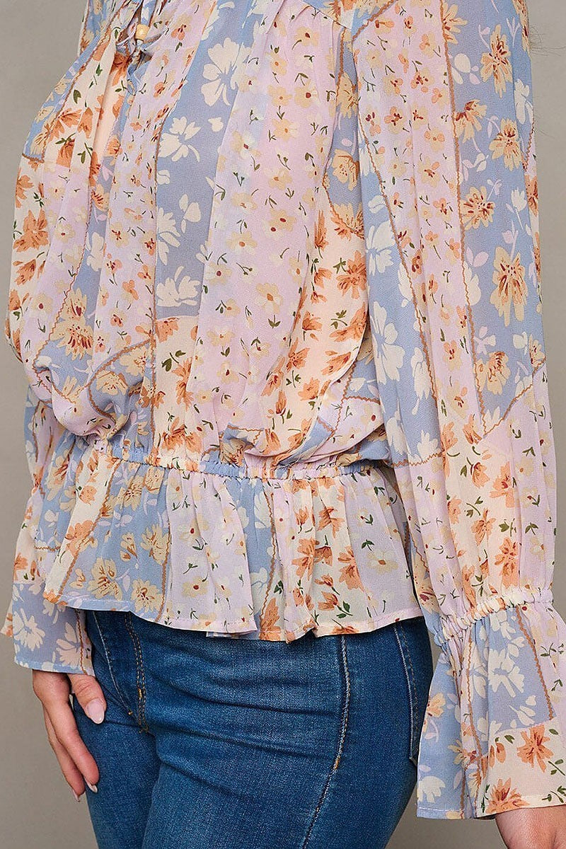 Long bell sleeve neck tie floral peplum blouse top (EGWT2057)