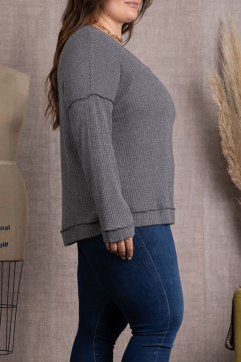 Ribbed knit long sleeves plus size top (EDSW3717)