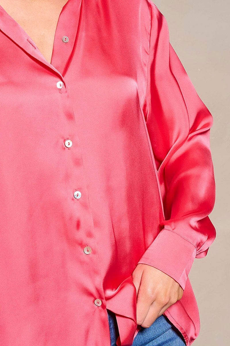 Long sleeve button closure satin blouse top (EGWT1451)