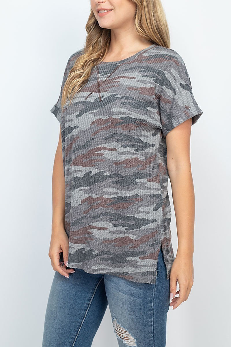 Rolled sleeve round neck waffle camo top (EF1861)