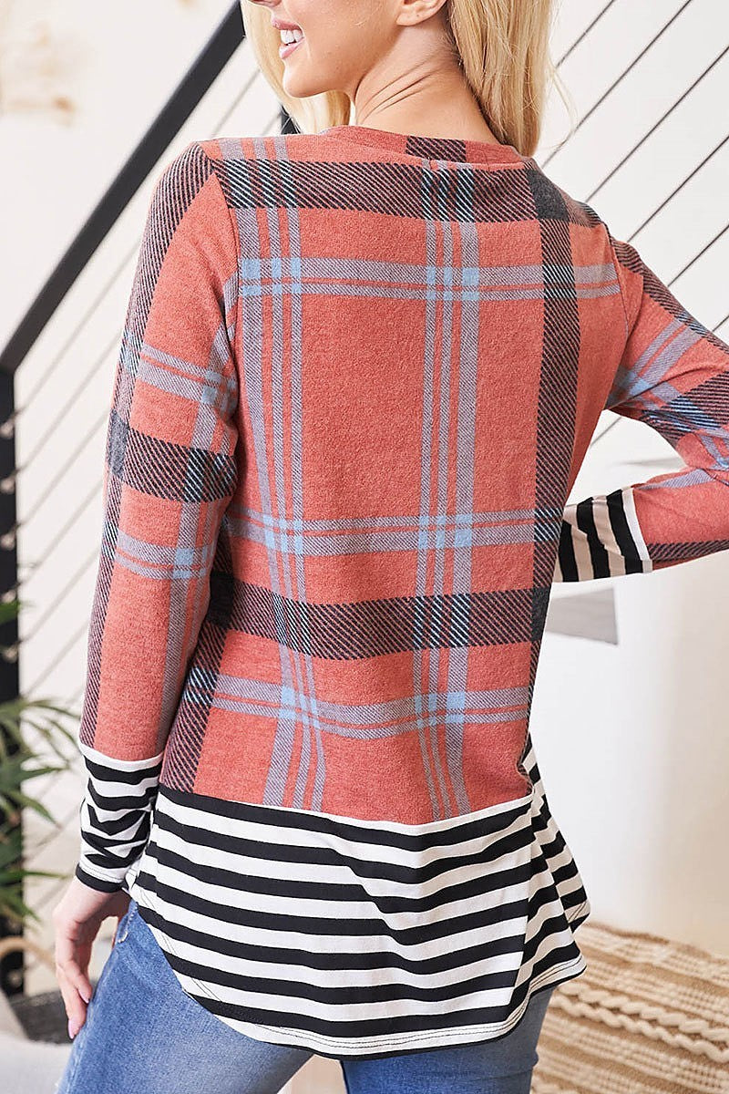 Plaid stripes contrast sequin stripes pocket top (EF2586)