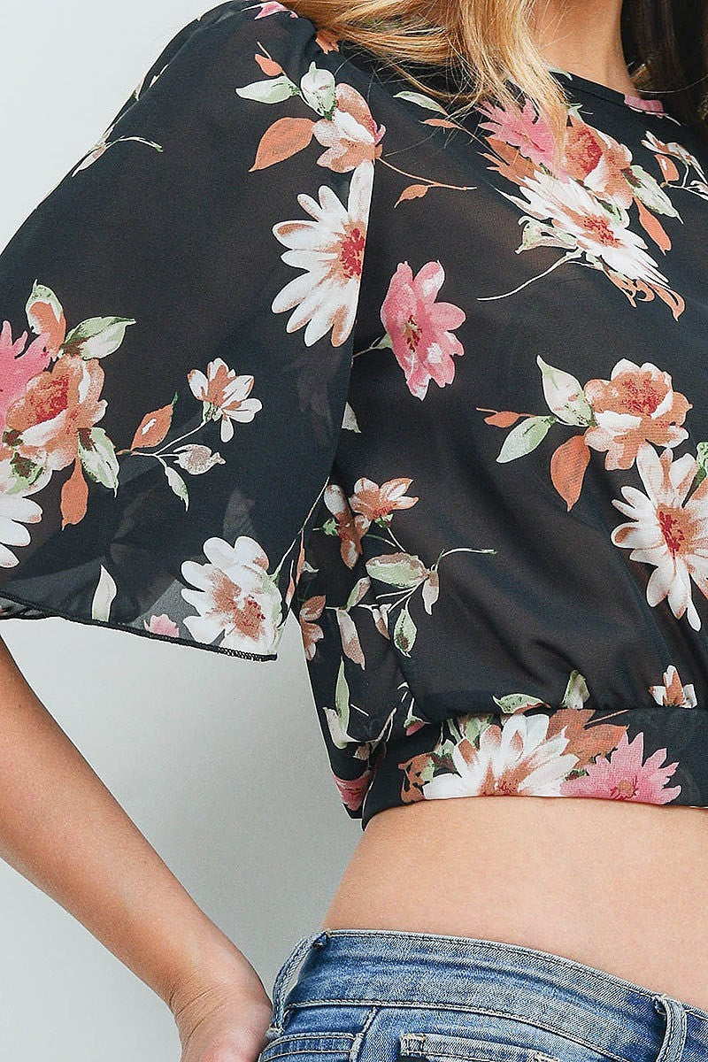 Floral print crop top with chiffon detail (ED8898-2)