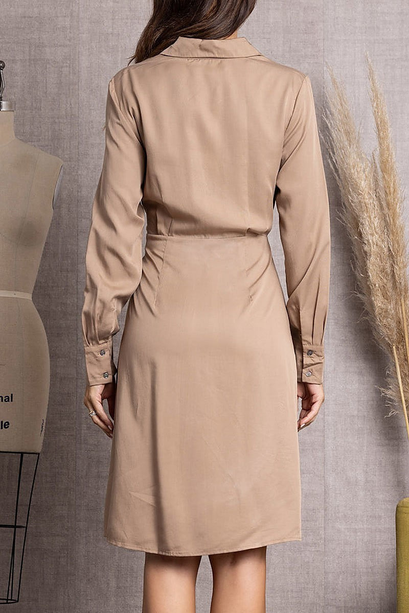 Long sleeve w/side front tie shirt midi dress (EDSW3492)