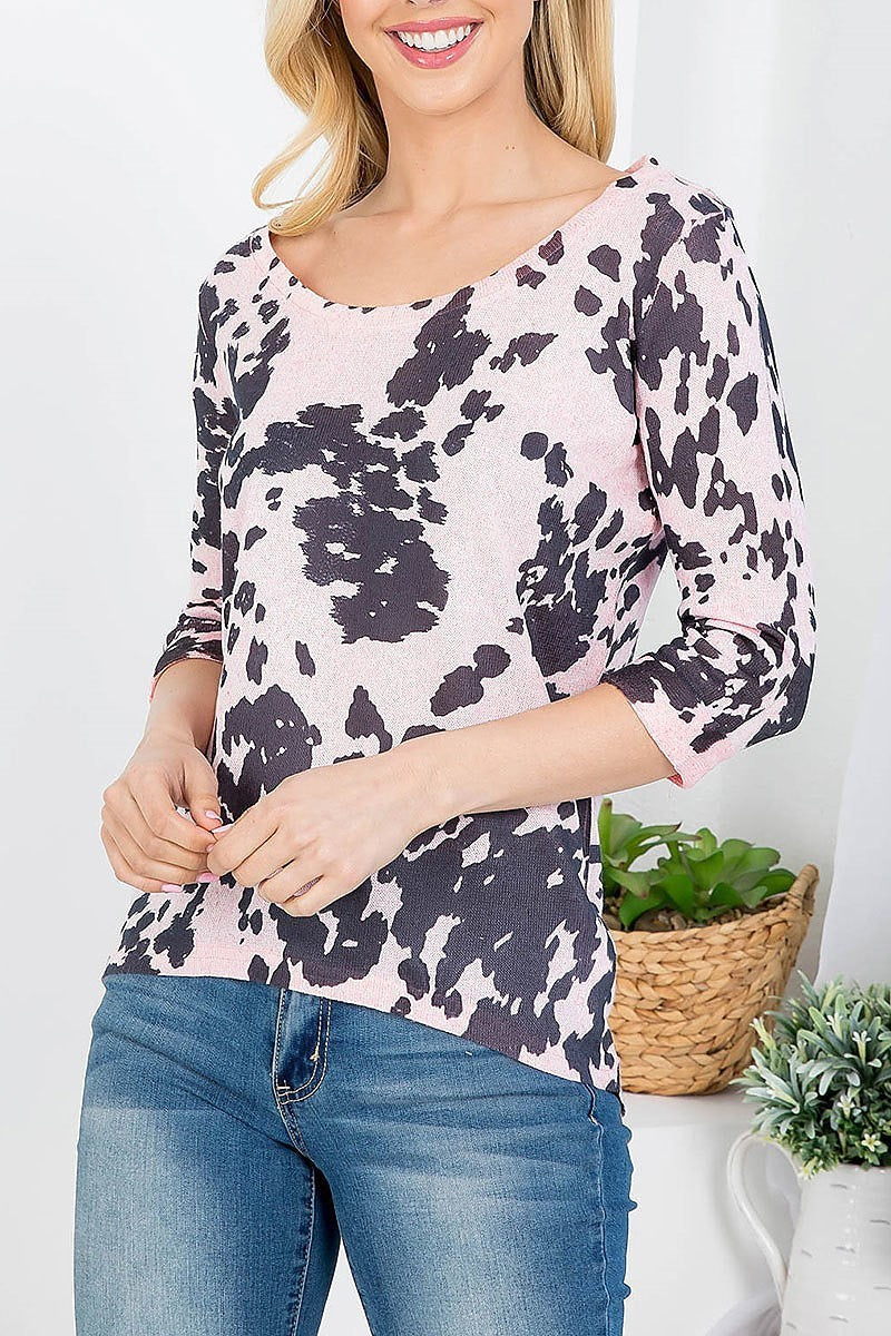 Cow print quarter sleeve top (EF3687)