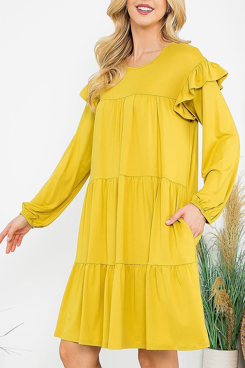 Long sleeve ruffle detail solid dress (DED8851-2)