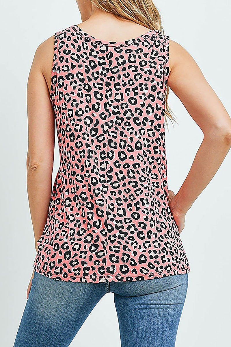 Leopard scoop neck sleeveless pleated top (ED9364)