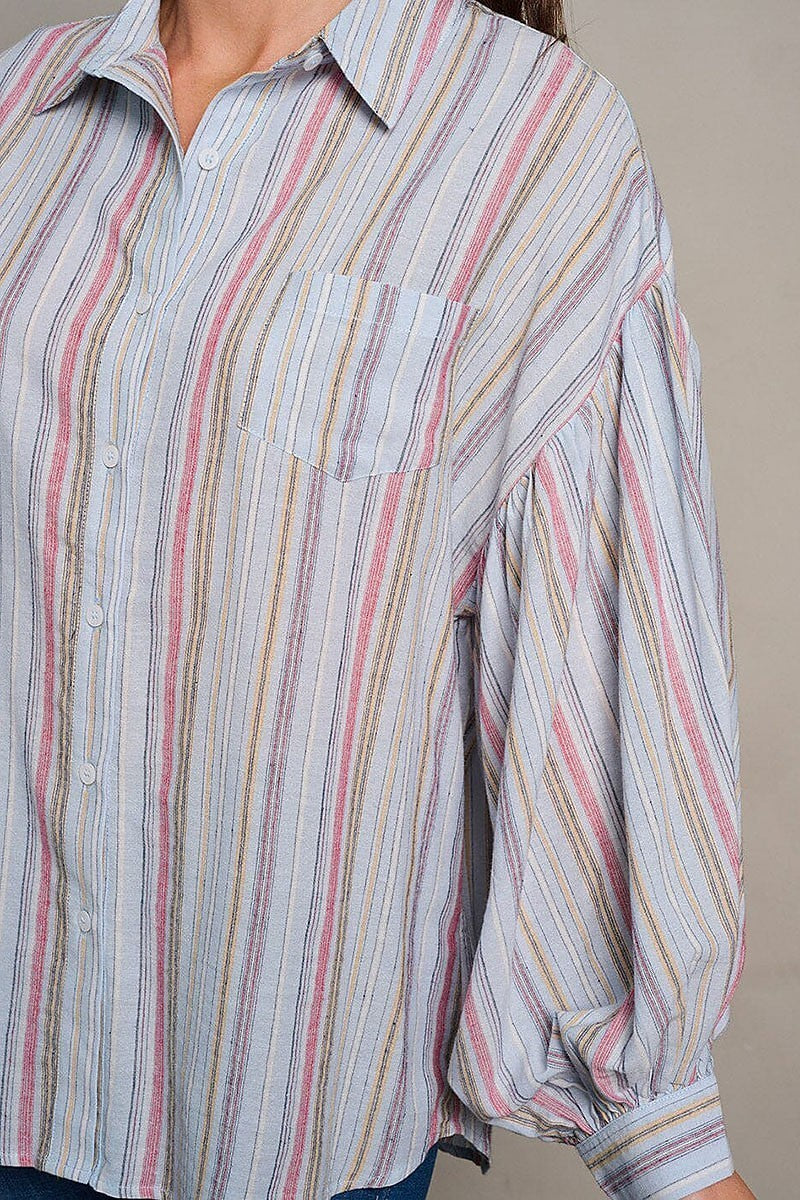 Long sleeve stripes button up blouse top (EGWT2049)