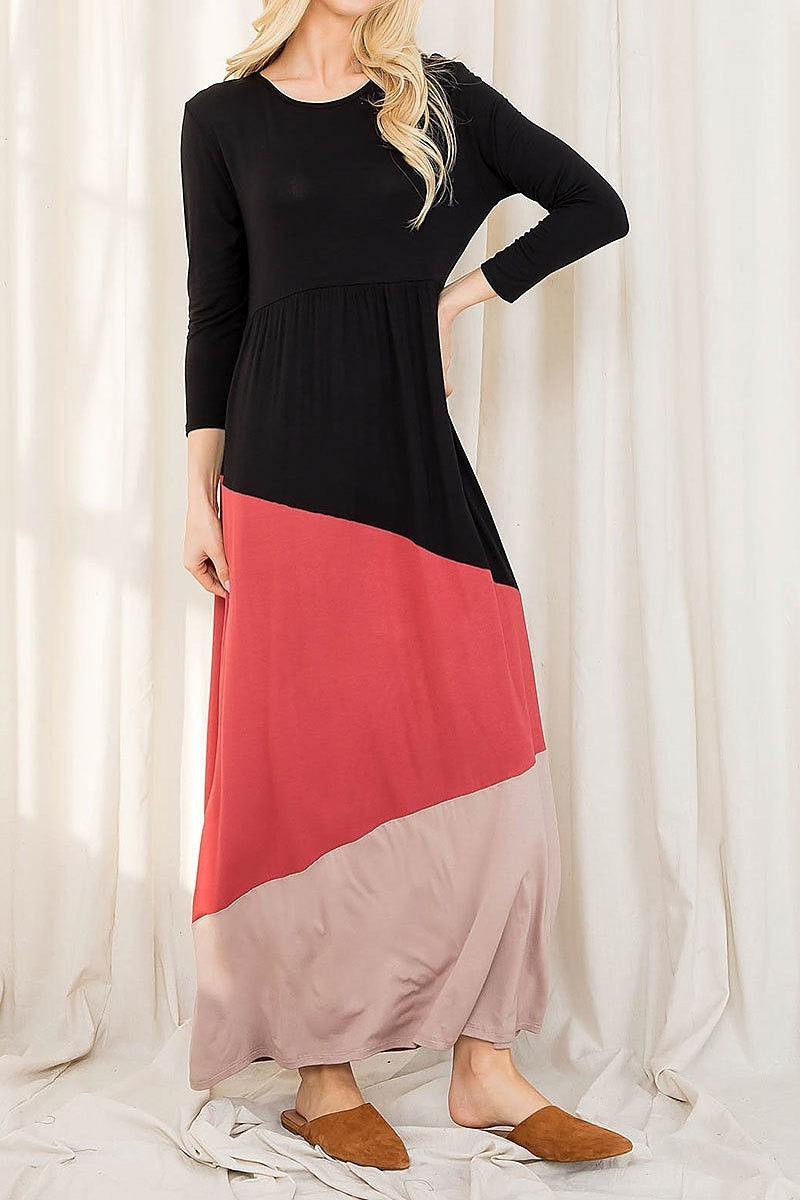 Long sleeve color block loose fit maxi dress (DED8855)