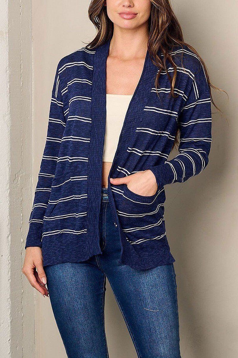 Long sleeve open front pockets stripes cardigan (EFWT2840)