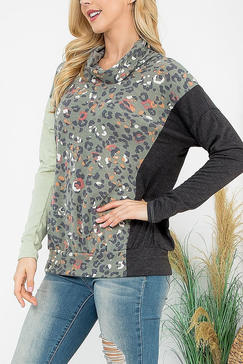 Cowl neckline leopard block long sleeve top (EF7032)