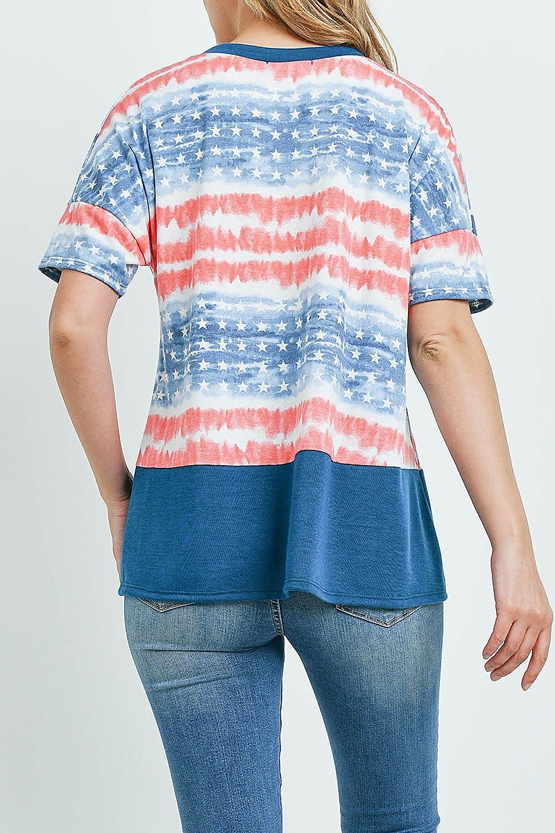 Tie dye american flag solid contrast pocket top (ED9922)