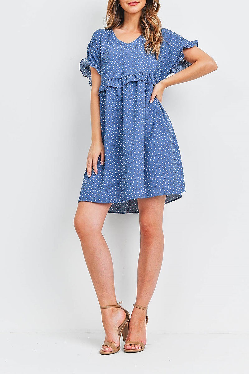 Ruffle detail baby doll dotted print dress (DED6505)