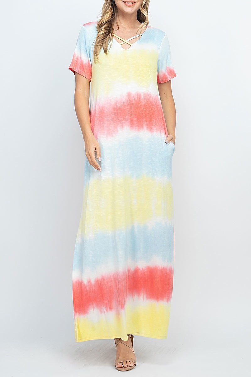 Tie dye crisscross neck maxi pocket dress (DED6709)