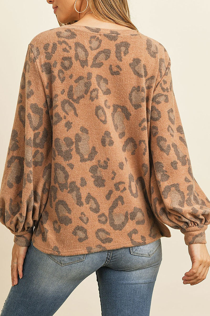 Leopard brushed hacci puff sleeved boat neck top (ED8167-1)