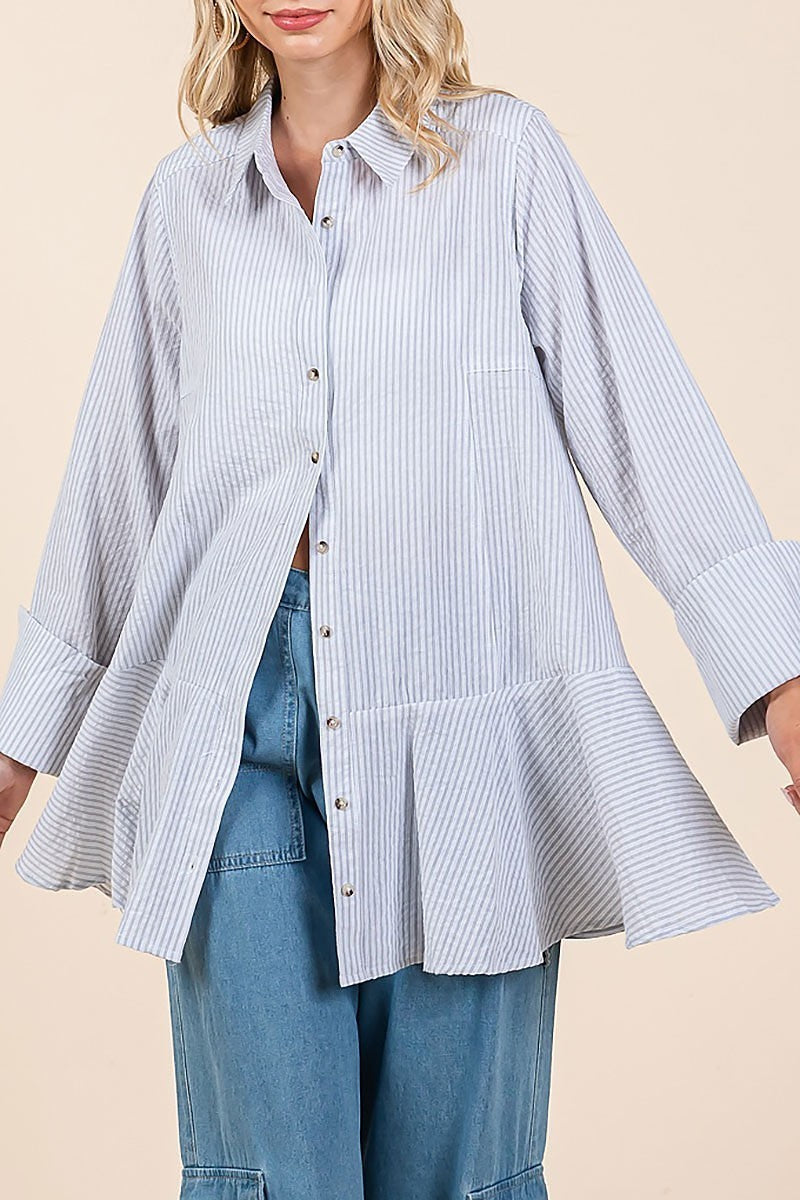 Striped button down ruffle bottom tunic shirt (EDH2327)