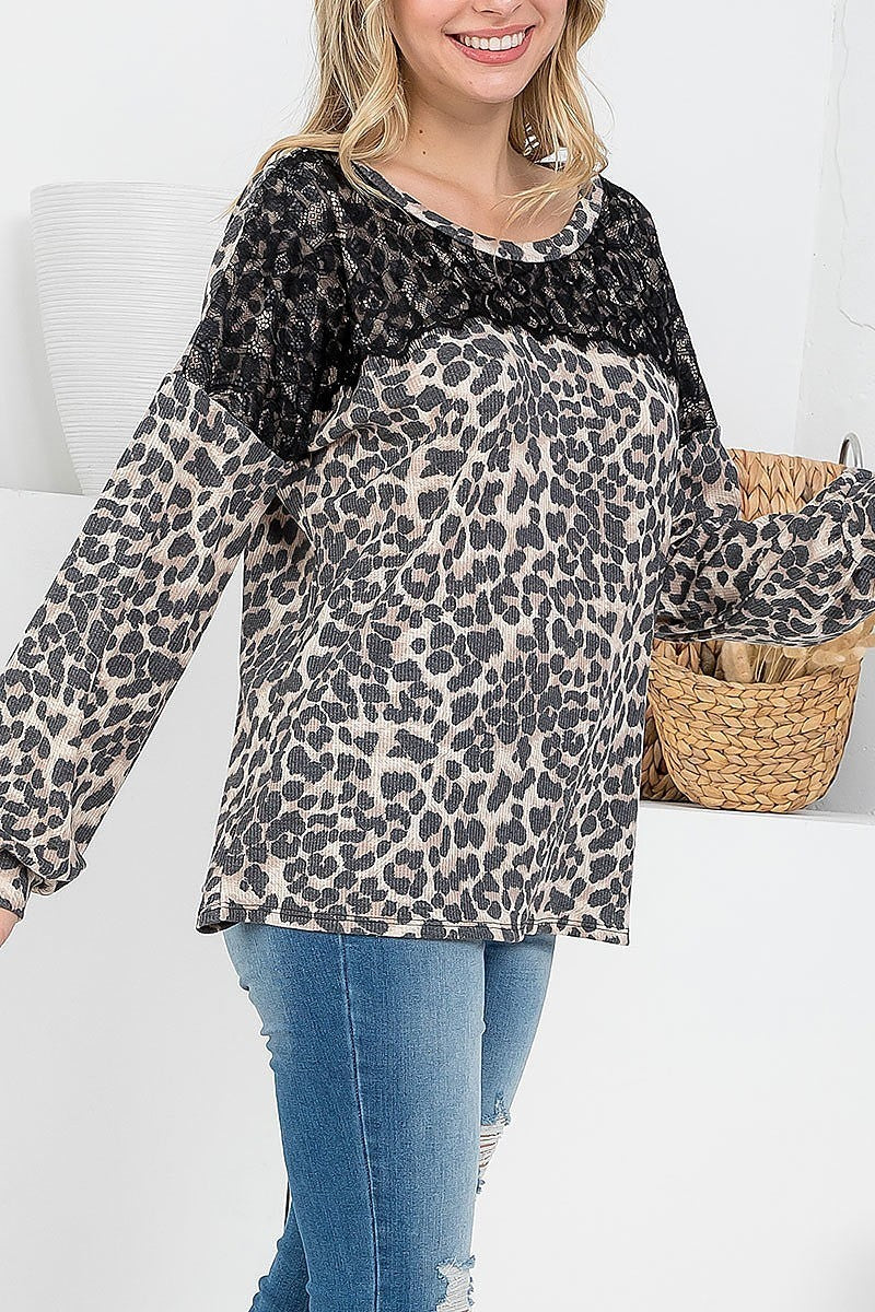 Lace detail long sleeve leopard top (EF2539)