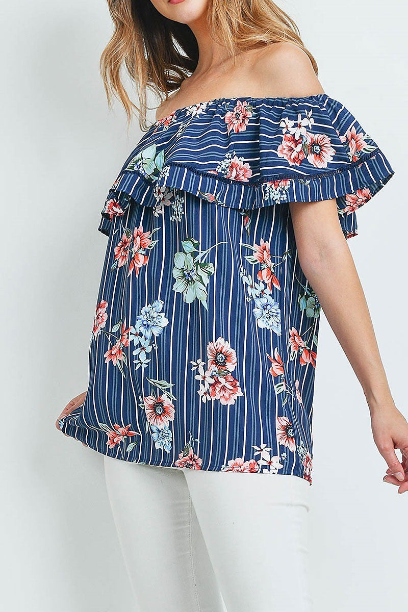 Off shoulder ruffle detail floral stripe top (ED8987-O3)