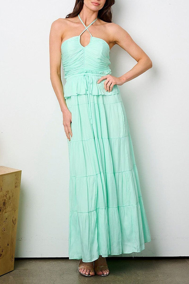 Halter neck ruffle tiered maxi dress (EFWT9073)