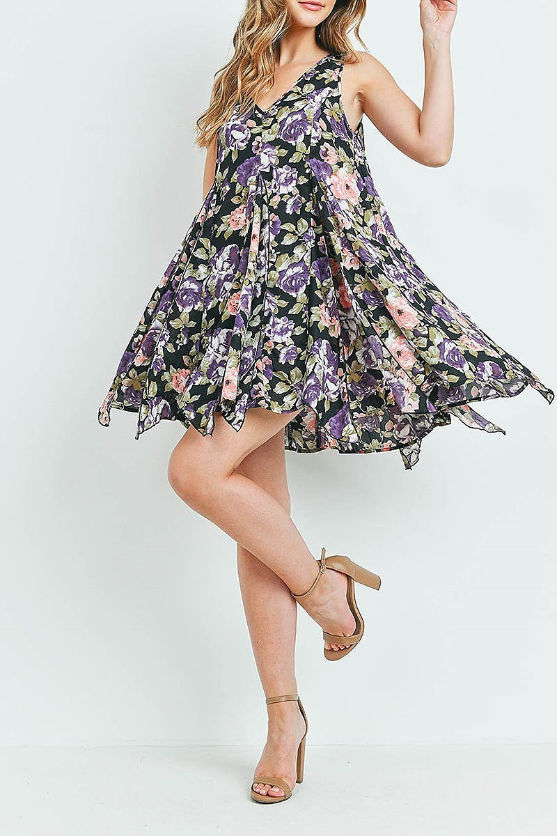 V neck floral print asymmetrical hem flare dress (DED6157)