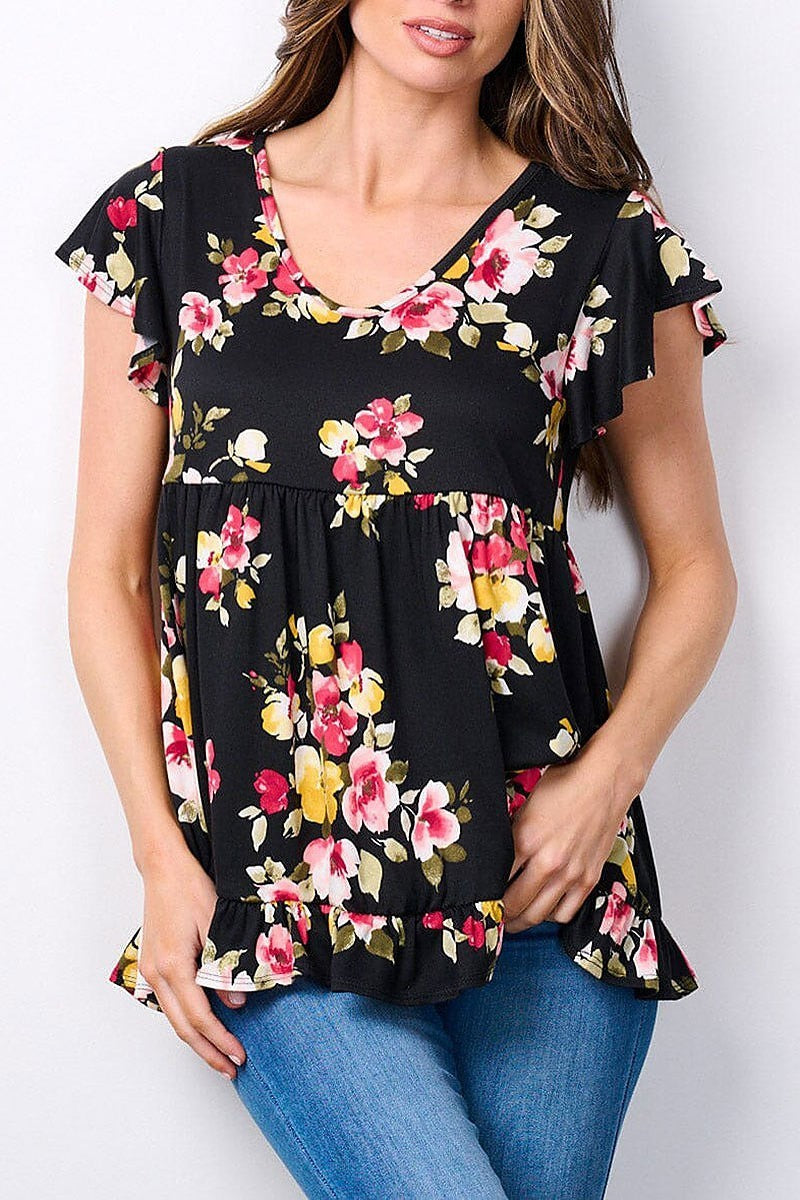 Short sleeve v-neck floral print ruffle top (EFWT7520)