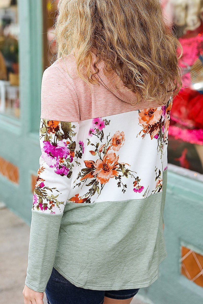 Pink floral sage color block hooded top (ETBM4938)