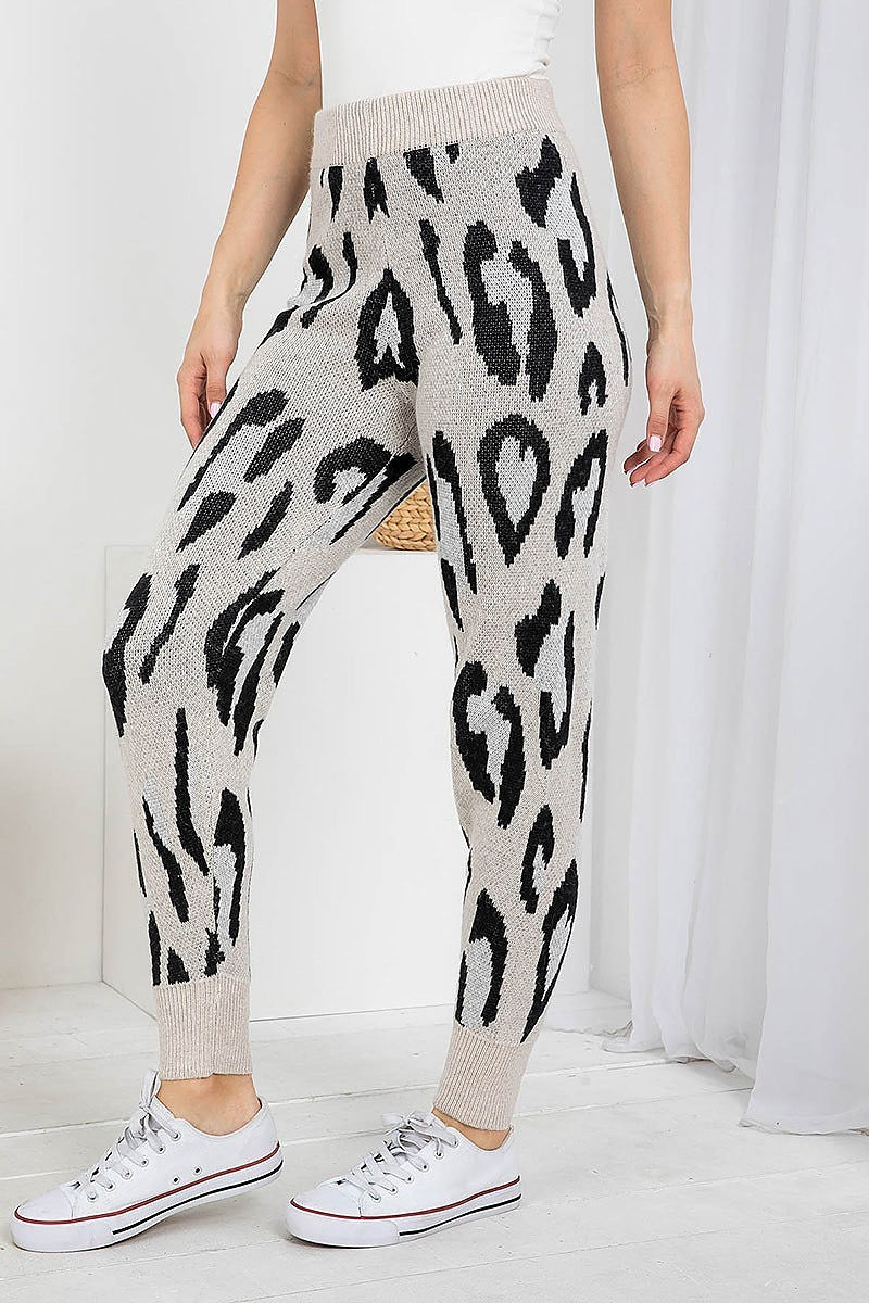 Animal print cuffed waist knitted pants (DGB3552)