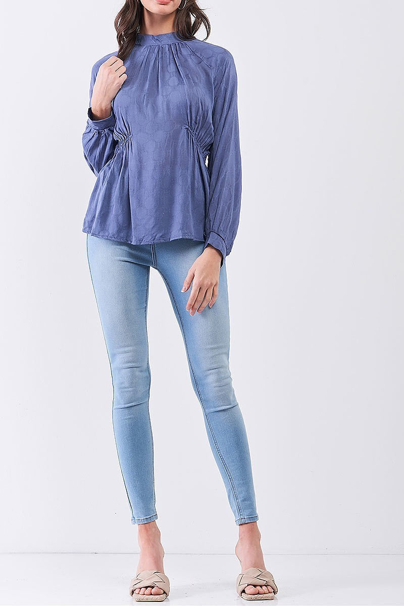 Circle patterned mock neck ruched detail top (TDG7911)