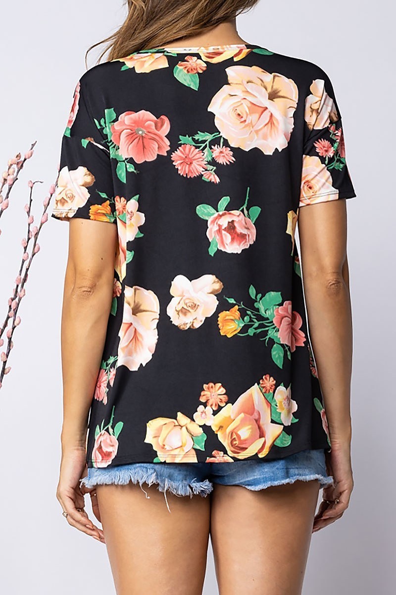 Short sleeve floral print keyhole blouse top (EDSW1422)