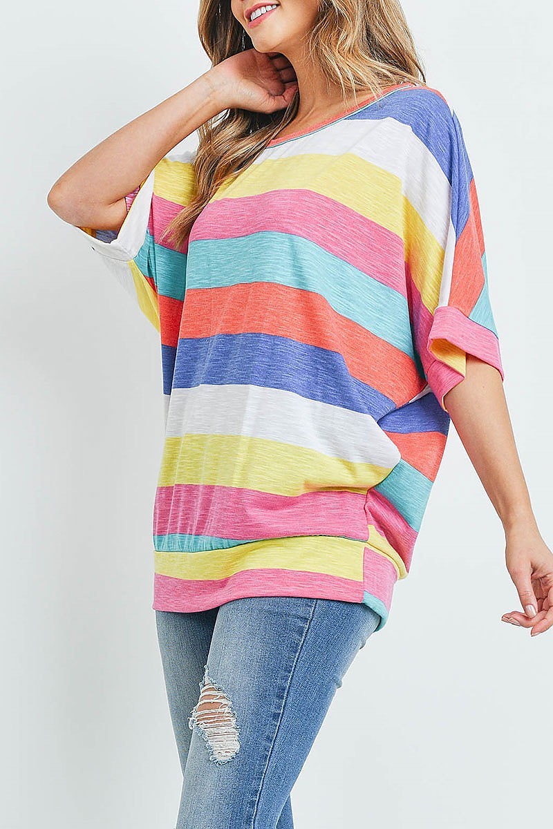 Round neck multi stripe loose fit top (ED9271)