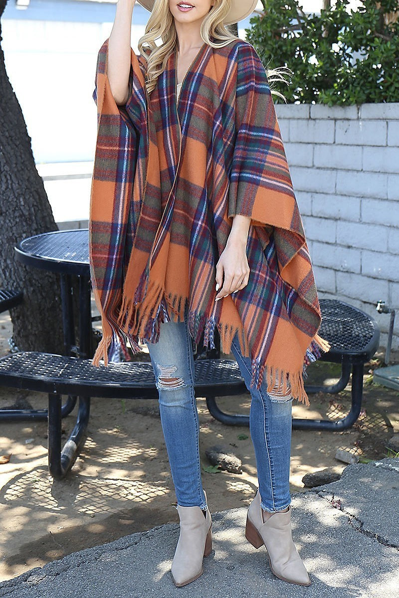 Plaid knit fringe open front kimono (DGS6072)