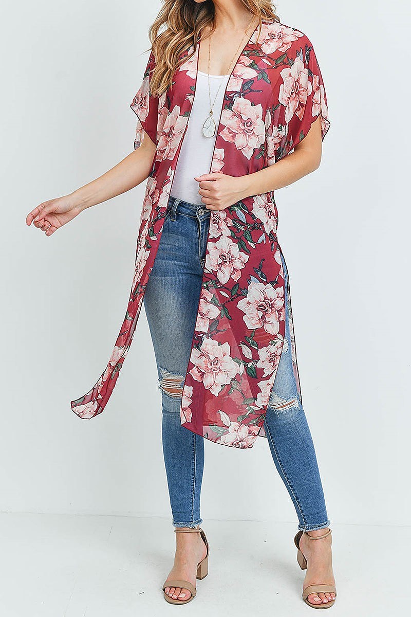 Short sleeve floral print slit hem kimono (ED8867-1)