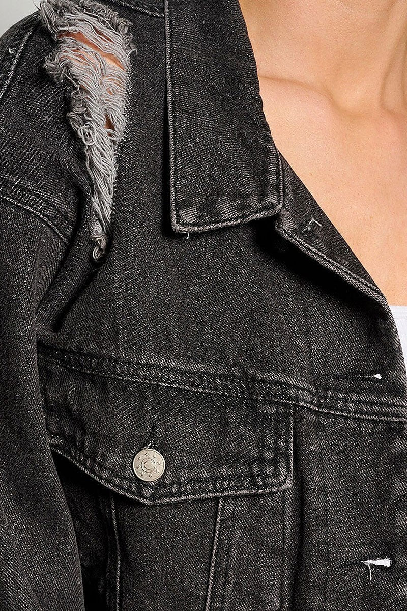 Button closure distressed pockets denim jacket (EGWT1355)