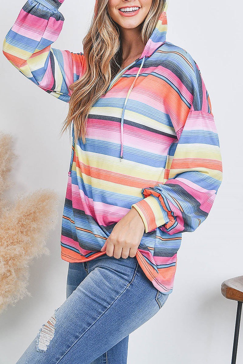 Multi stripe loose fit hoodie top (EF2357)