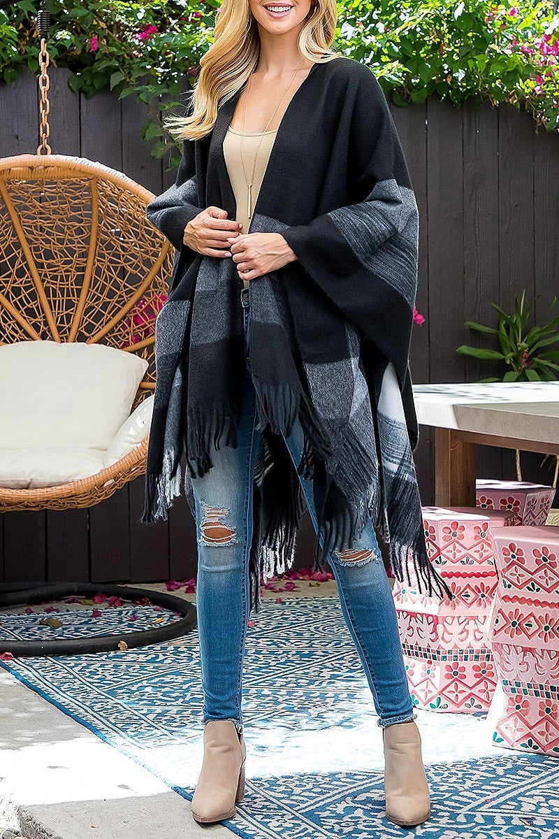 Border line fringe warmer kimono wrap (DGS5837)