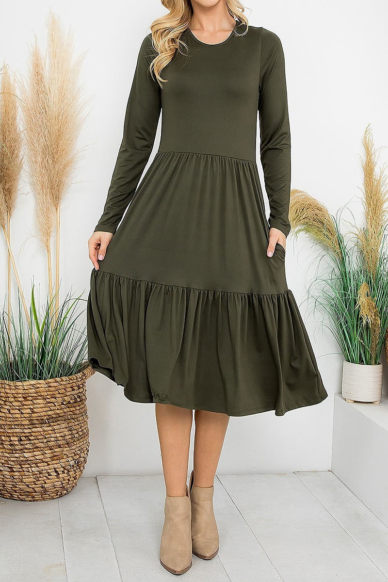 Solid long sleeve tiered pocket flare dress (DED8853)