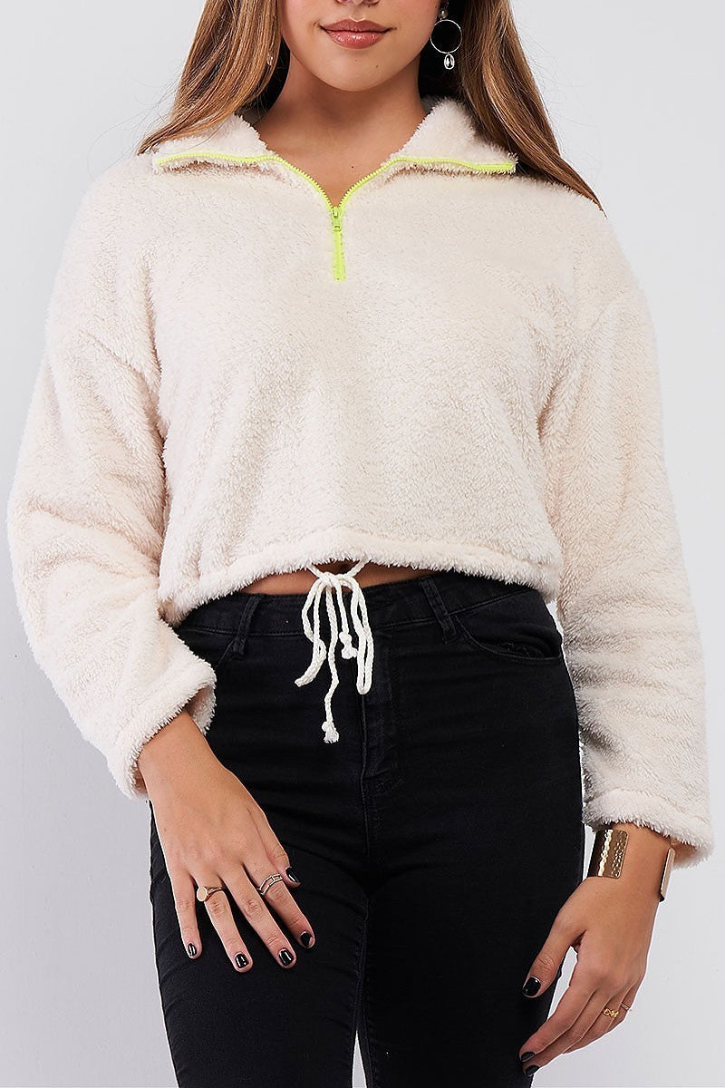 Neon zipper waist tie crop sherpa sweater (TDG7742)