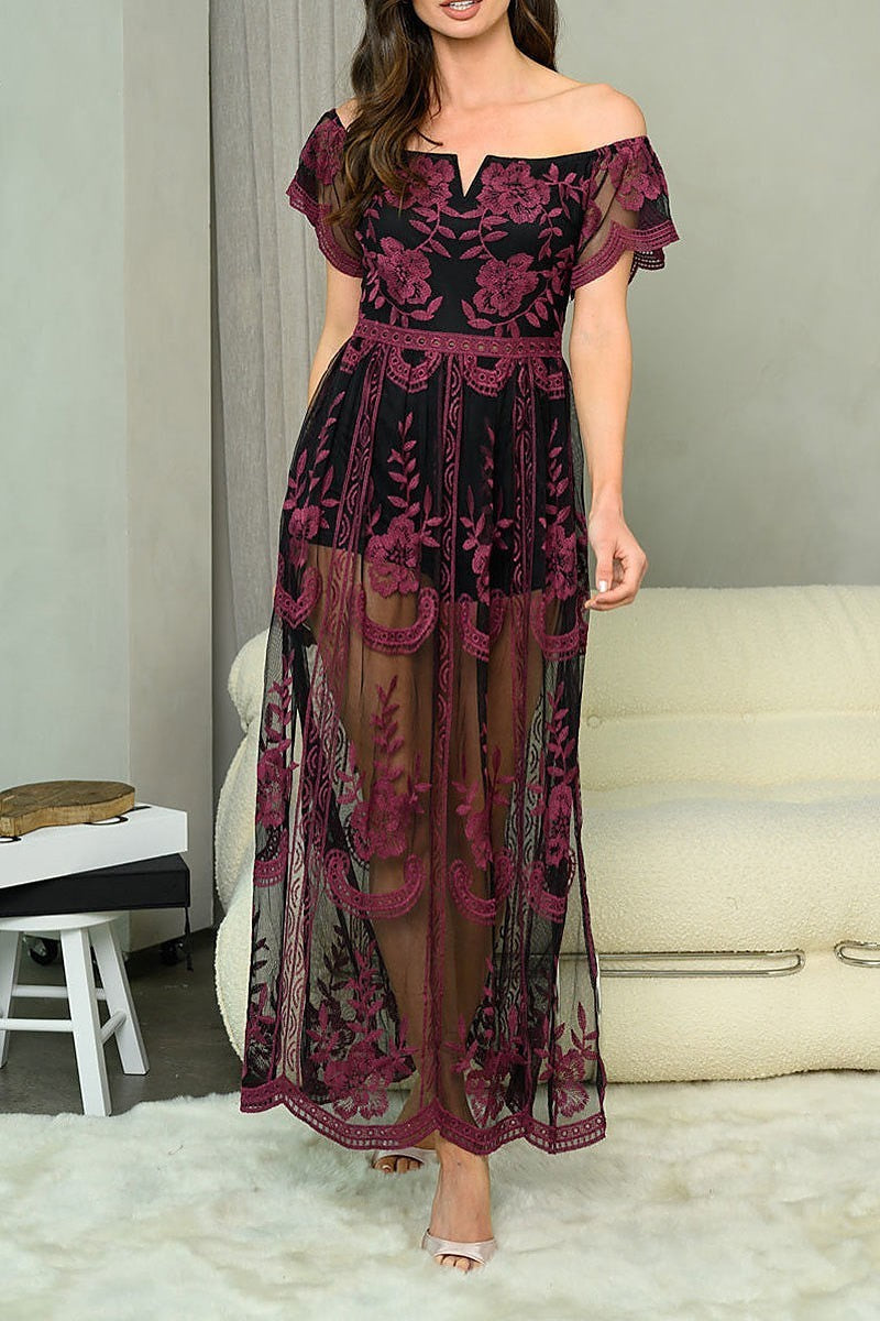 Off shoulder all over lace maxi dress (EDWT6146)