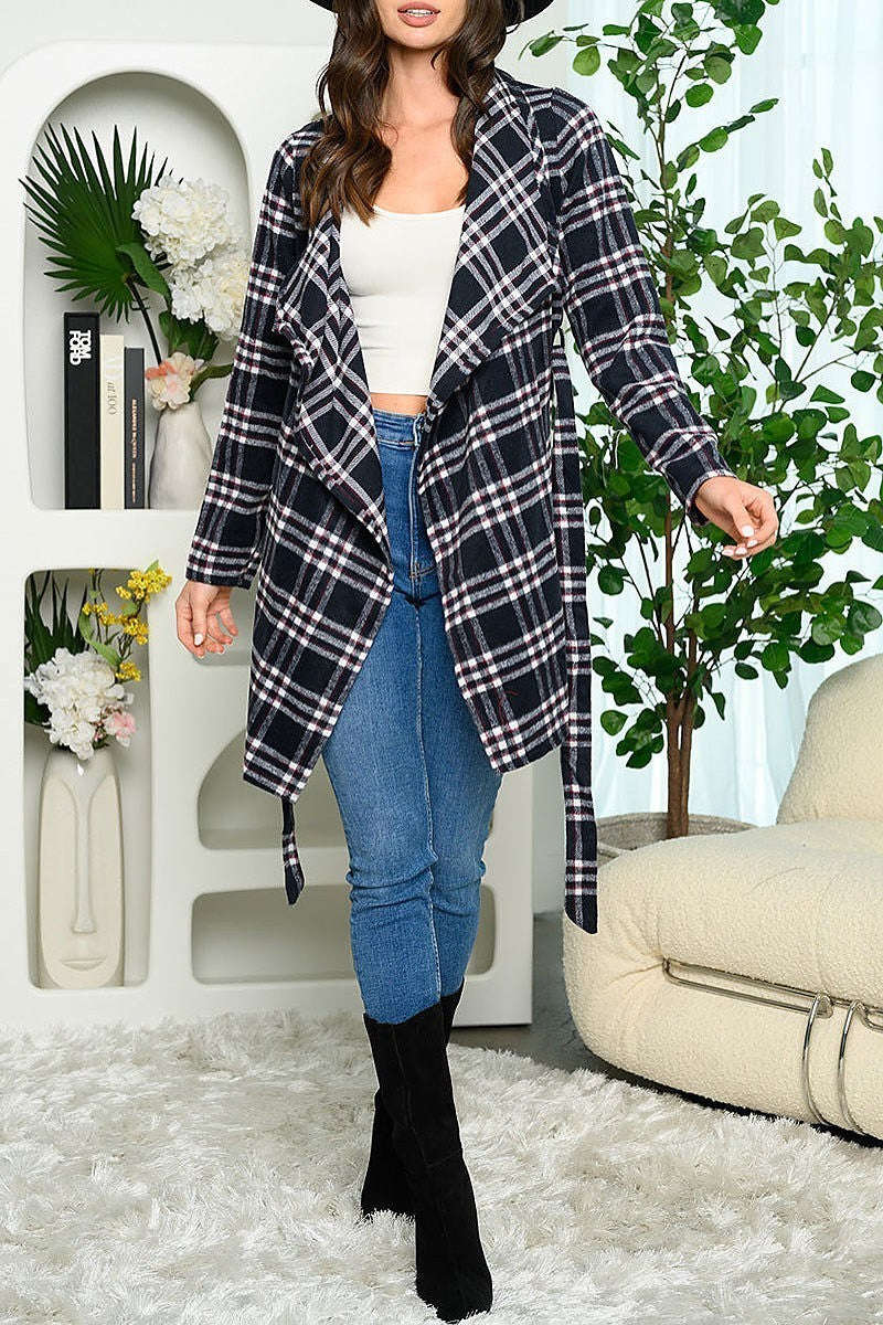 Long sleeve pockets plaid self tie cardigan (EDWT5884)