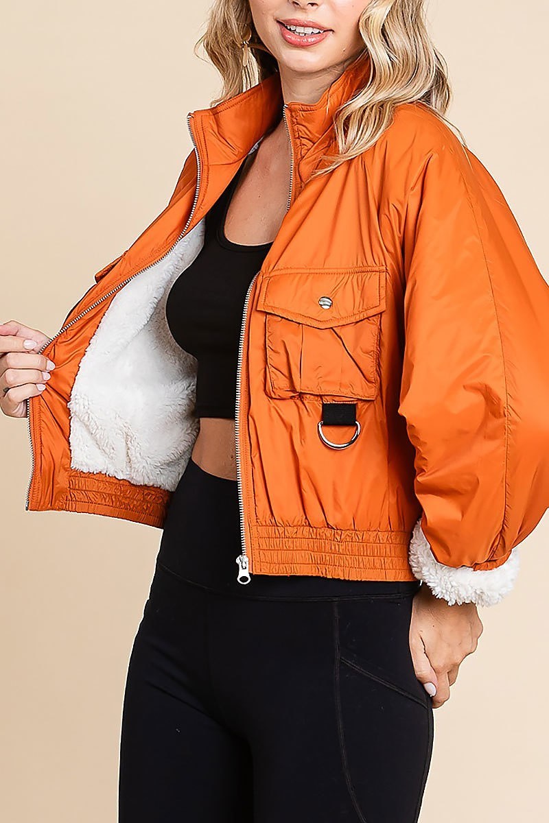 Faux sherpa lining bomber jacket w chest pockets (EDH1770)