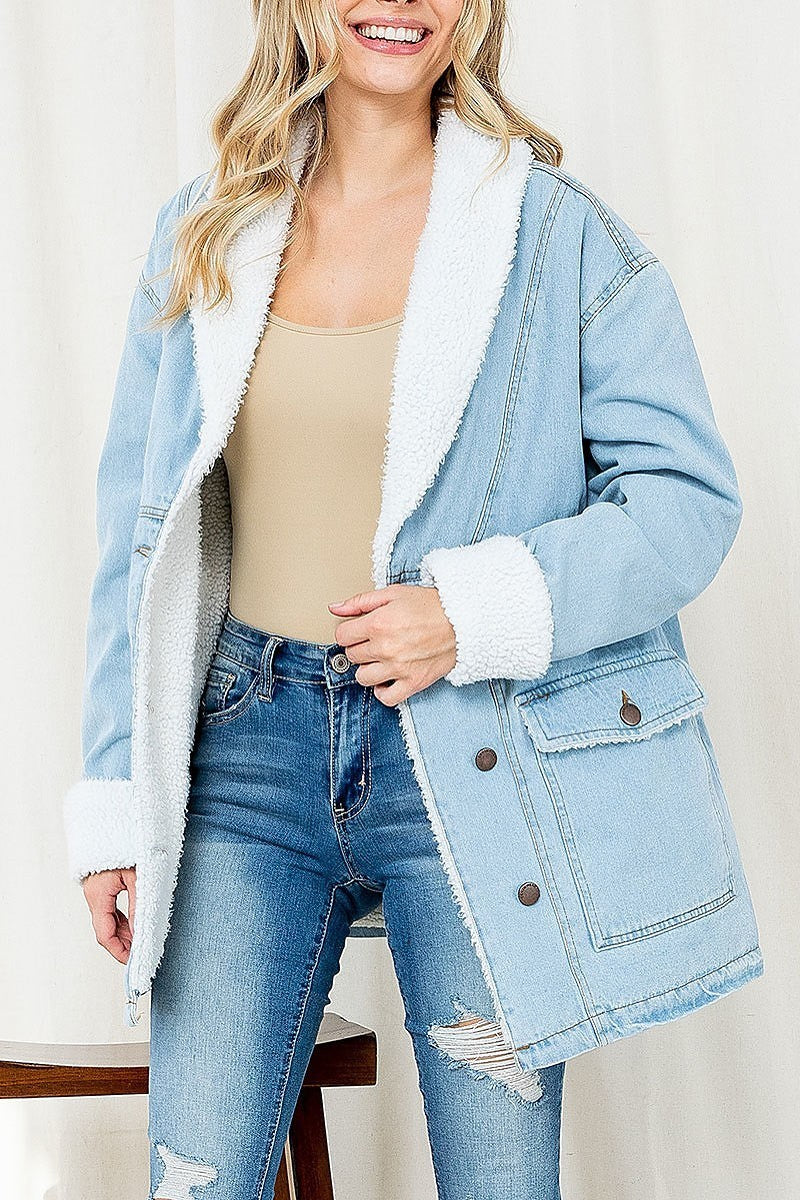 Faux fur trimmed button front denim jacket coat (DGS5624)